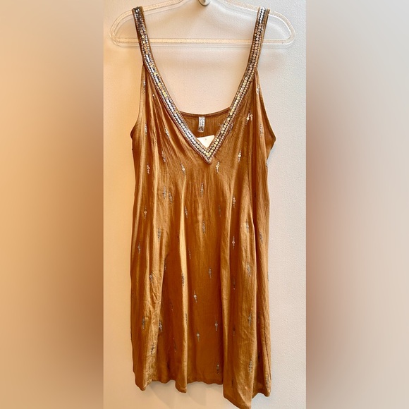 NWT Free People Rising Sun Gold Bejewelled V Neck Slip Dress - Picture 8 of 13